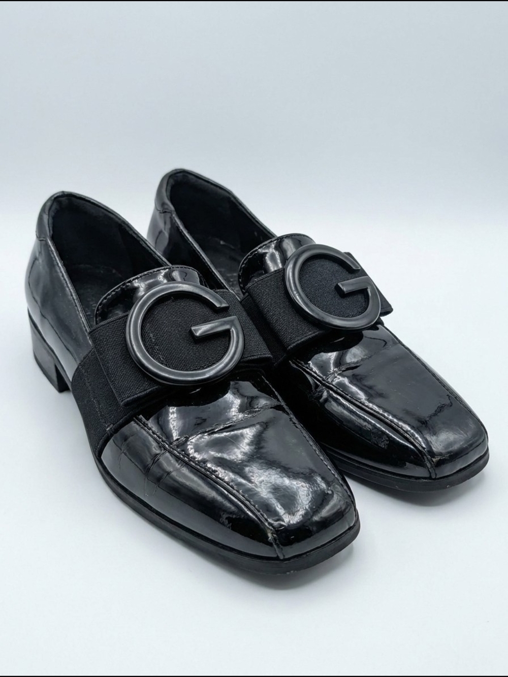Black Patent Loafers Size 8.5 Square Toe Low Block Heel Slip On
